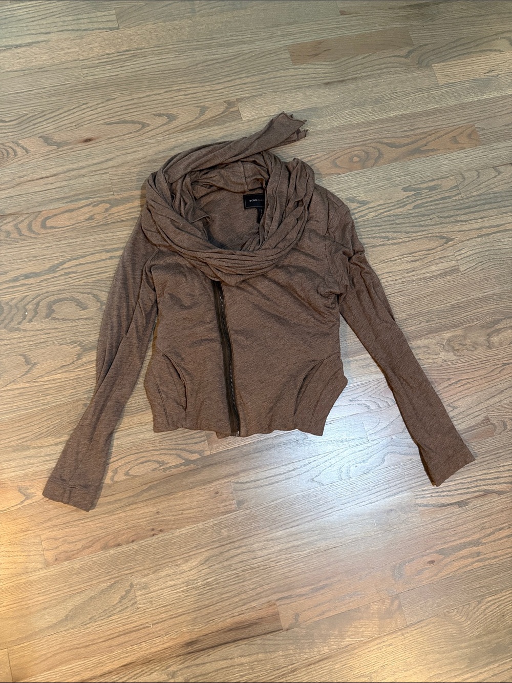 Brown Women's Zip-Front Knit Sweater with Scarf Collar